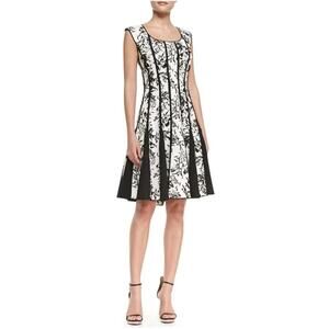 Tadashi Shoji White and Black Dress with Floral Print Black Embroidery Large